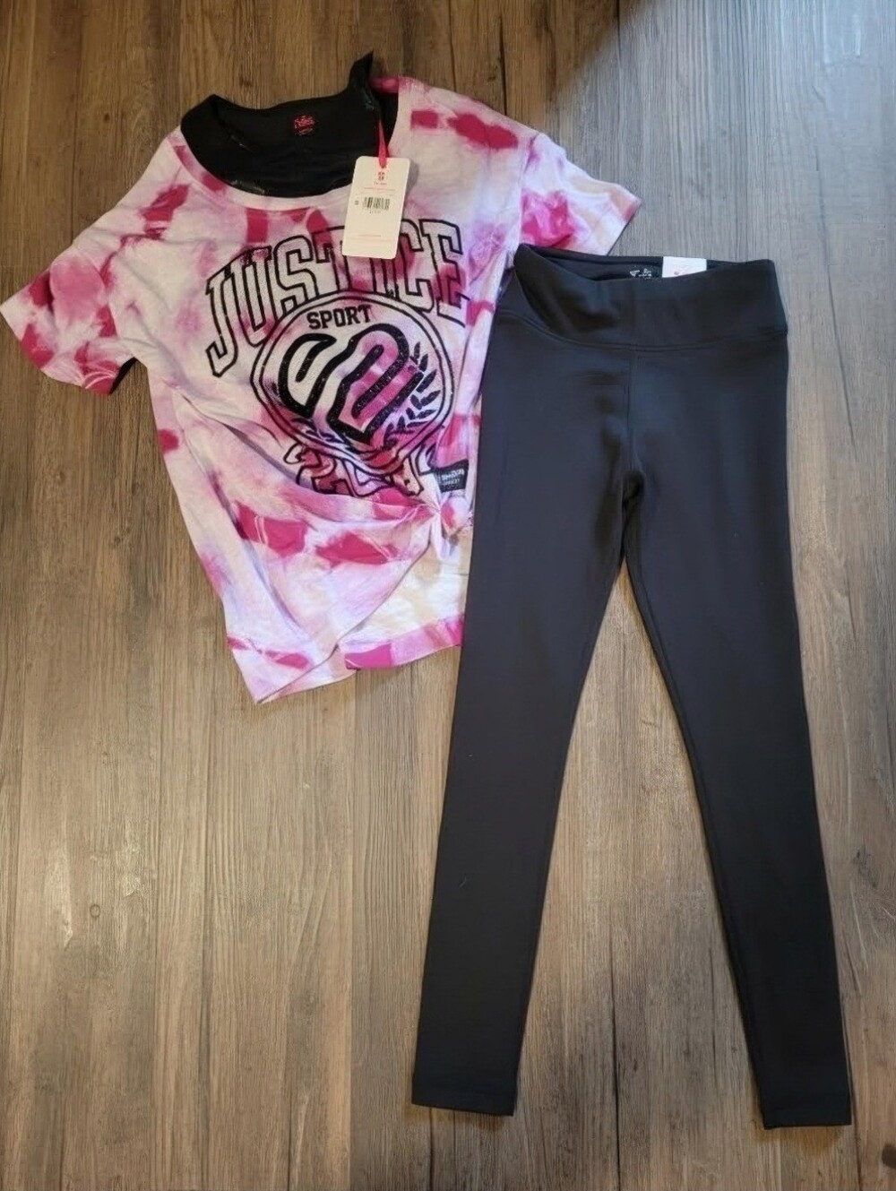 Justice 3-Piece Set Size 7/8 - Pink Tie-Dye Sport Tee, Sport Bra, & Leggings NWT
